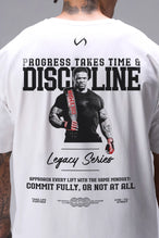 White Ronnie Coleman “discipline” Tee oversized bodybuilding graphic shirt featuring iconic Ronnie Coleman legacy artwork by TLF Apparel – back detail view
