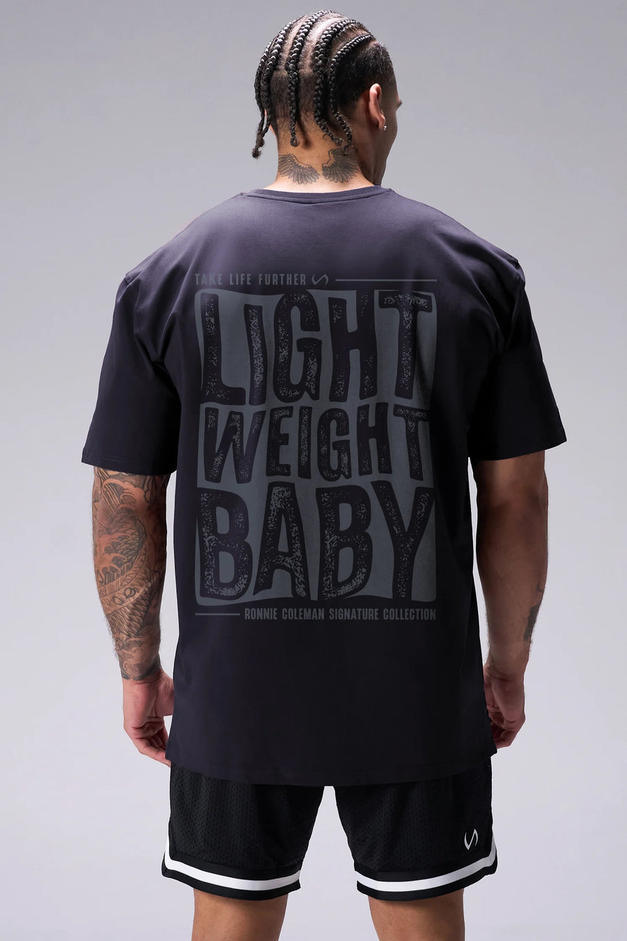 Black Ronnie Coleman “light weight baby” Tee oversized graphic workout shirt featuring Cotton Luxe DNA™ fabric and Ronnie Coleman legacy artwork by TLF Apparel – back view