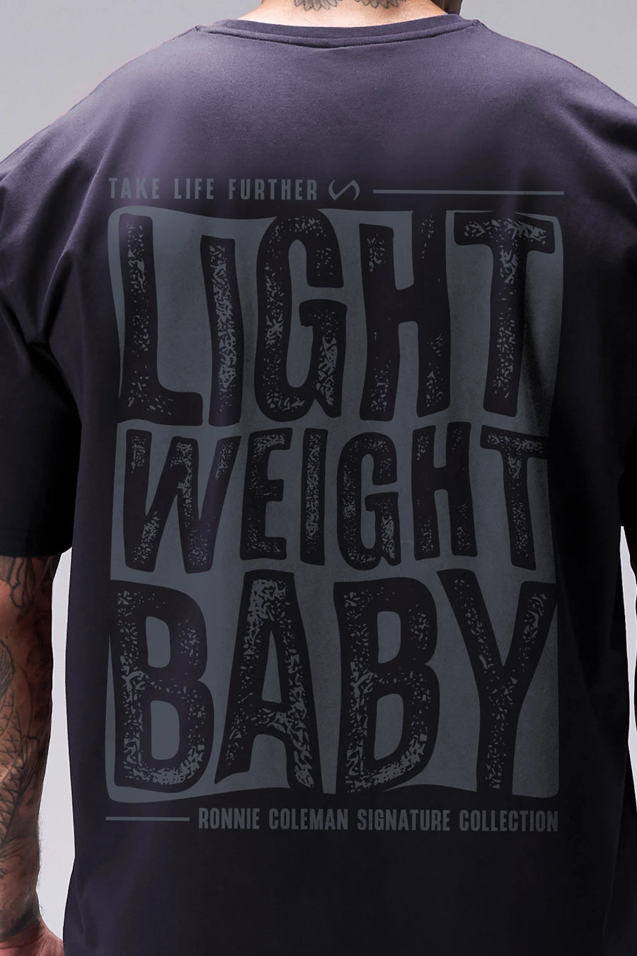 Black Ronnie Coleman “Light weight baby” Tee oversized bodybuilding graphic shirt featuring iconic Ronnie Coleman legacy artwork by TLF Apparel – back detail 