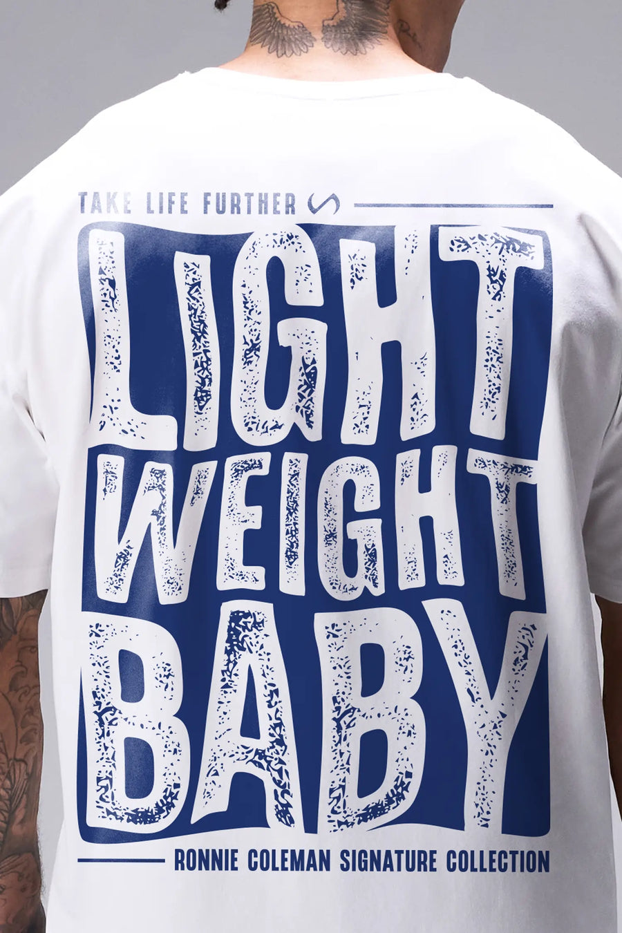 White Ronnie Coleman “Light weight baby” Tee oversized bodybuilding graphic shirt featuring iconic Ronnie Coleman legacy artwork by TLF Apparel – back detail 