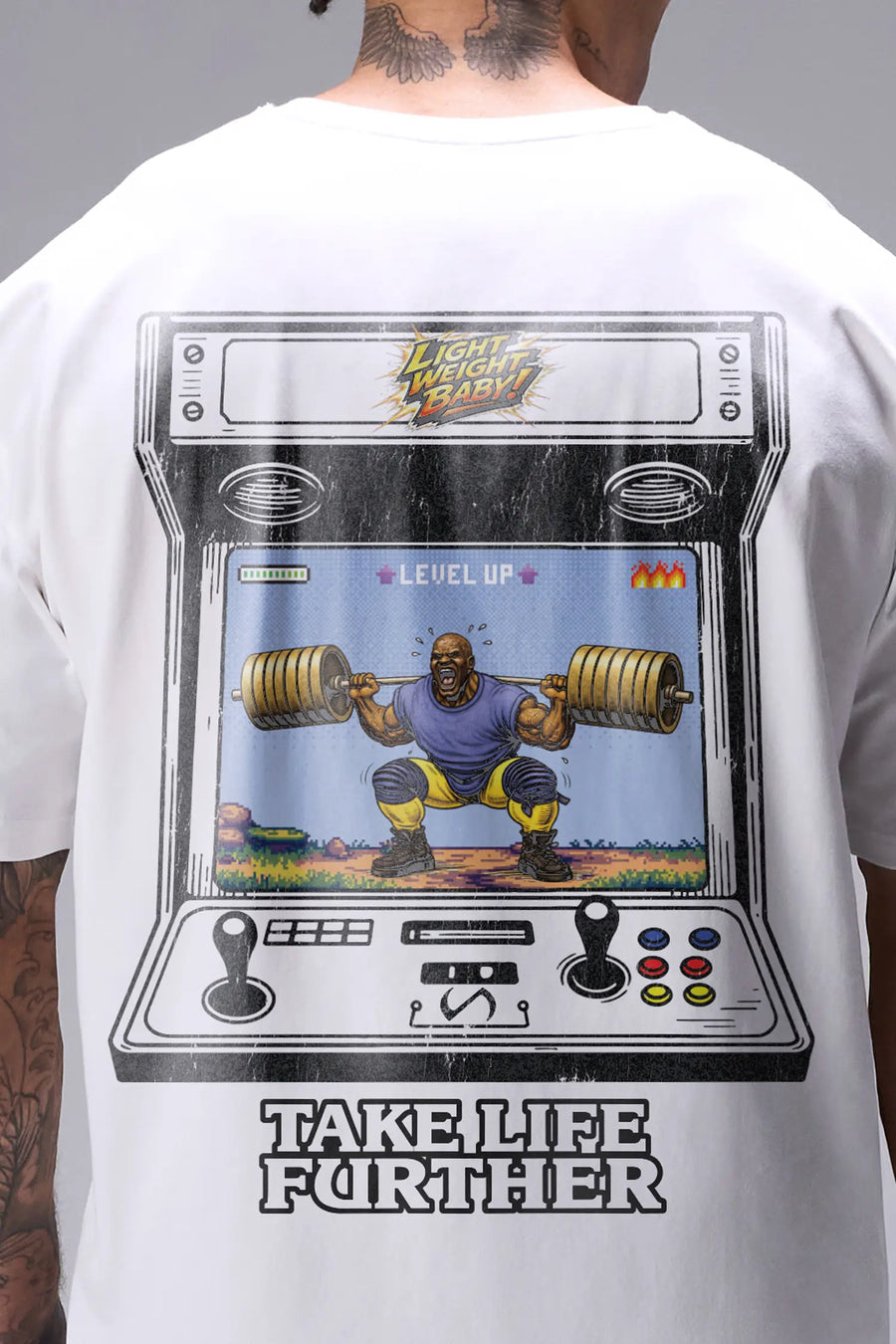 White Ronnie Coleman “Level Up” Tee oversized bodybuilding graphic shirt featuring iconic Ronnie Coleman legacy artwork by TLF Apparel – back detail 