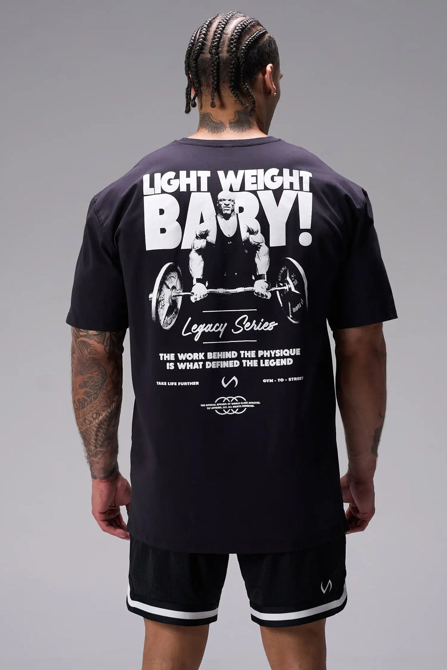 Black Ronnie Coleman “Light Weight Baby” Tee oversized bodybuilding graphic shirt featuring iconic Ronnie Coleman legacy artwork by TLF Apparel – back view