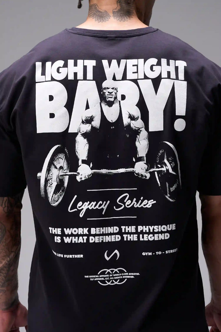Black Ronnie Coleman “Light Weight Baby” Tee oversized bodybuilding graphic shirt featuring iconic Ronnie Coleman legacy artwork by TLF Apparel – back detail view