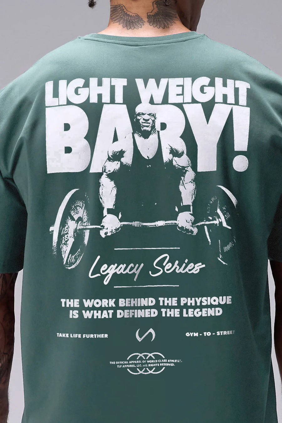 Dark Forest Ronnie Coleman “Light Weight Baby” Tee oversized bodybuilding graphic shirt featuring iconic Ronnie Coleman legacy artwork by TLF Apparel – back detail view