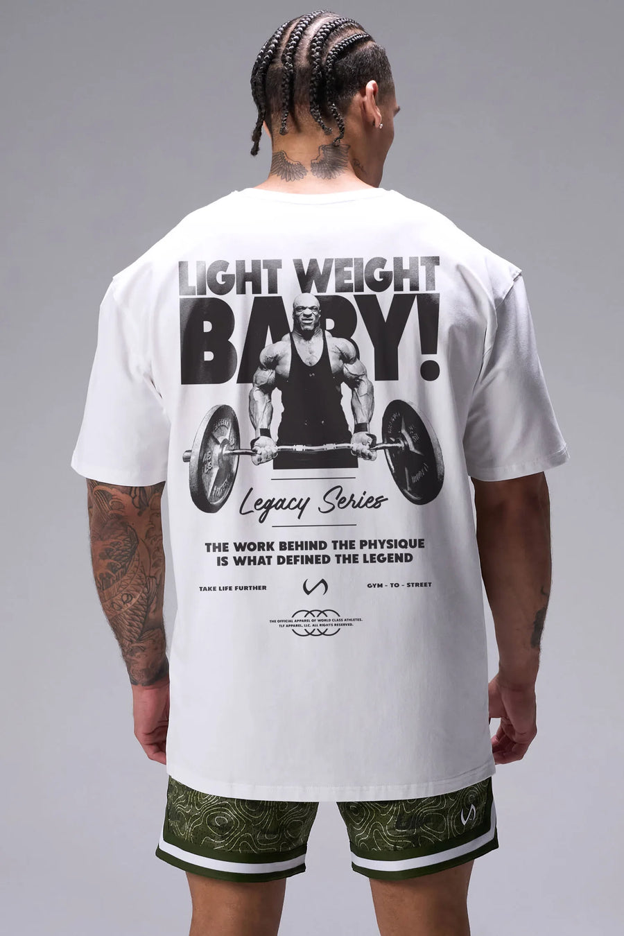 White Ronnie Coleman “Light Weight Baby” Tee oversized bodybuilding graphic shirt featuring iconic Ronnie Coleman legacy artwork by TLF Apparel – back view