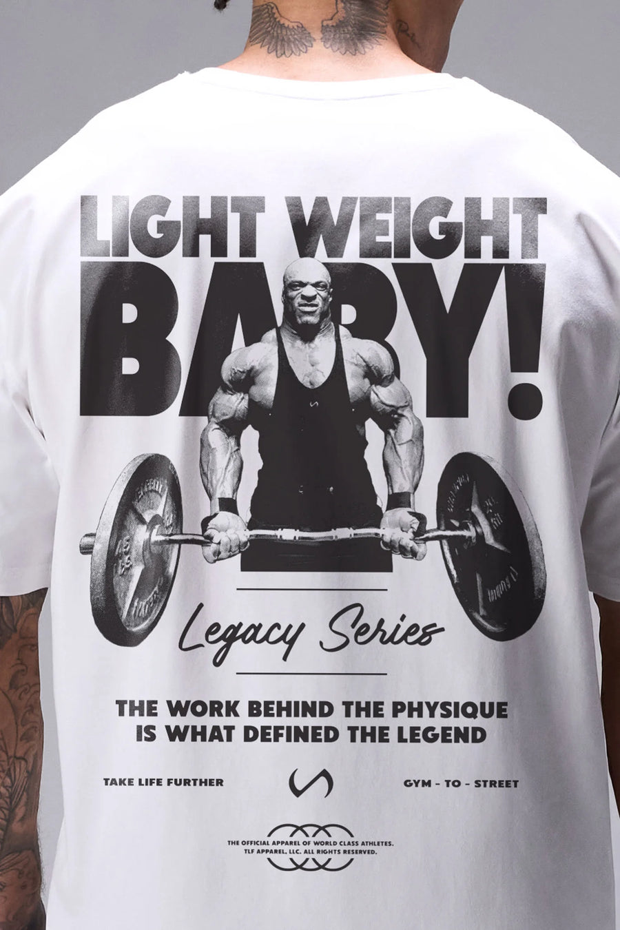 White Ronnie Coleman “Light Weight Baby” Tee oversized bodybuilding graphic shirt featuring iconic Ronnie Coleman legacy artwork by TLF Apparel – back detail view