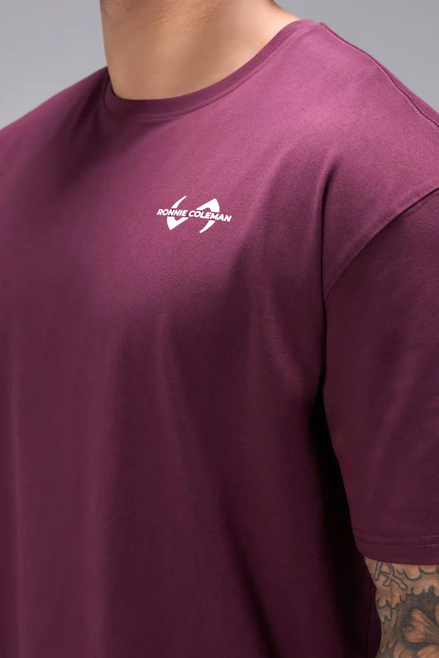 Maroon Ronnie Coleman “Light Weight Baby” Tee showing Ronnie Coleman x TLF chest logo and ultra-soft Cotton Luxe DNA™ fabric by TLF Apparel – front detail view