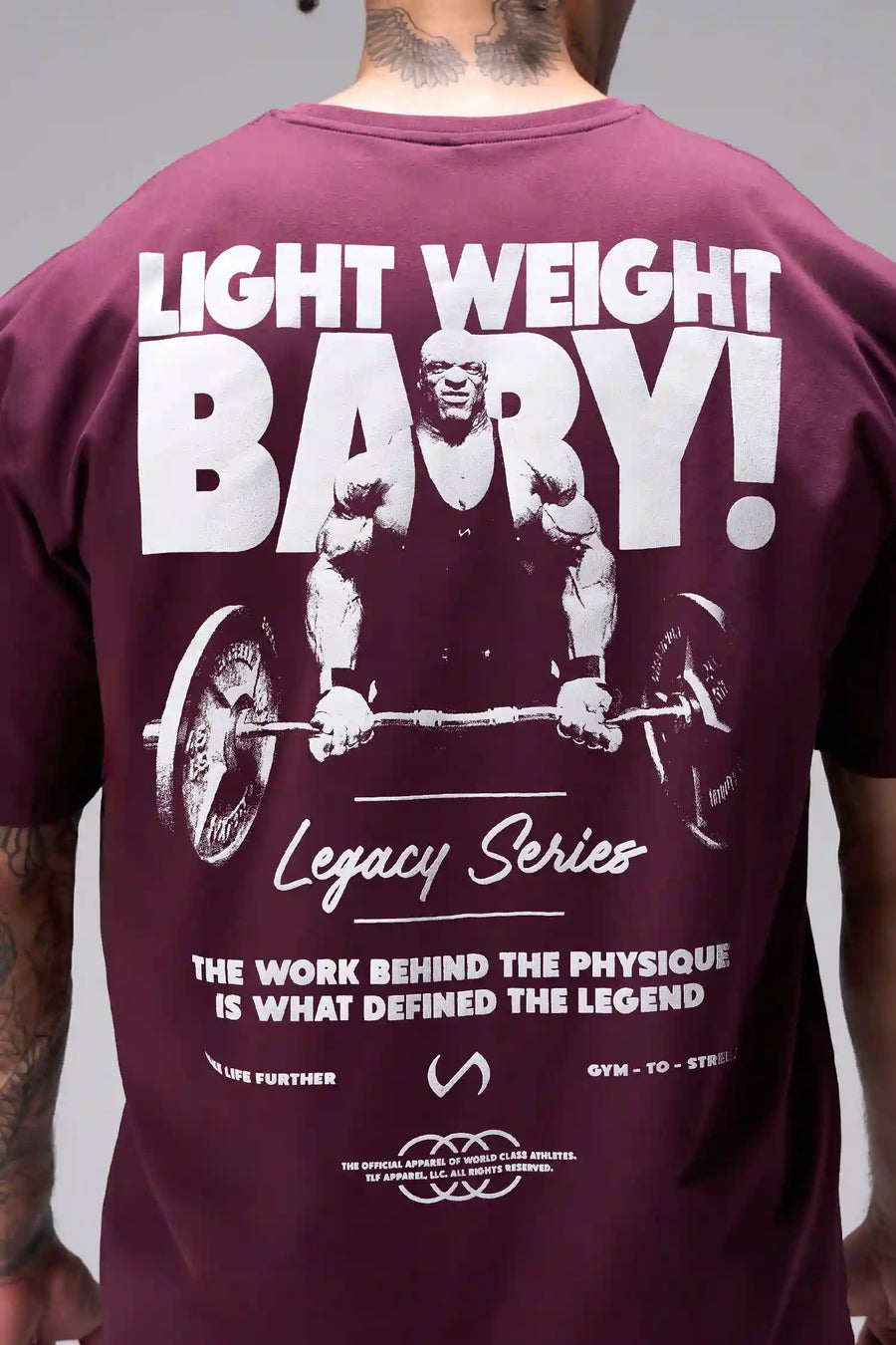 Maroon Ronnie Coleman “Light Weight Baby” Tee oversized bodybuilding graphic shirt featuring iconic Ronnie Coleman legacy artwork by TLF Apparel – back detail view