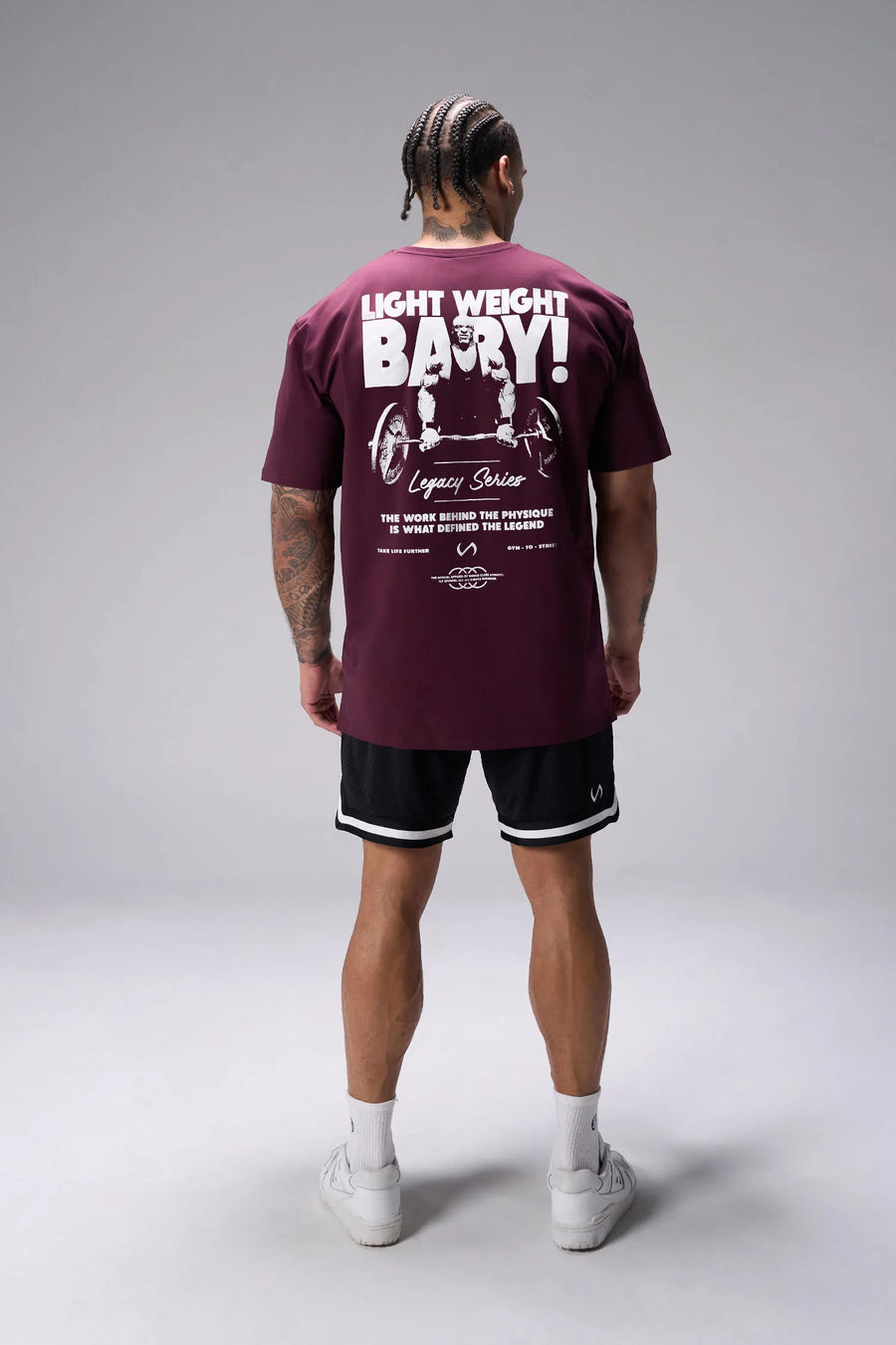Maroon Ronnie Coleman “Light Weight Baby” Tee oversized bodybuilding graphic shirt featuring iconic Ronnie Coleman legacy artwork by TLF Apparel – back view 