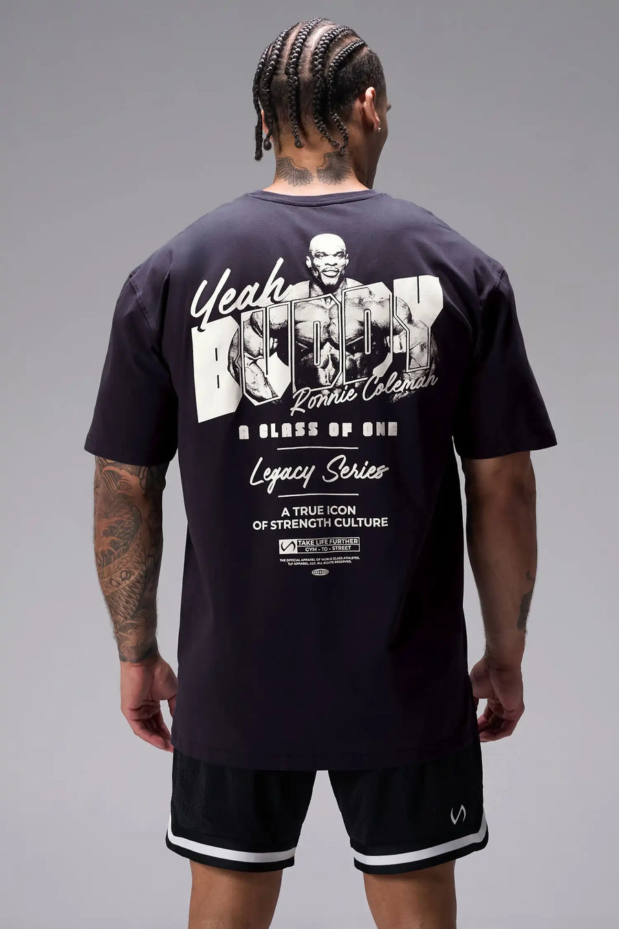 Black Ronnie Coleman “Yeah Buddy” Tee oversized graphic workout shirt featuring Cotton Luxe DNA™ fabric and Ronnie Coleman legacy artwork by TLF Apparel – back view