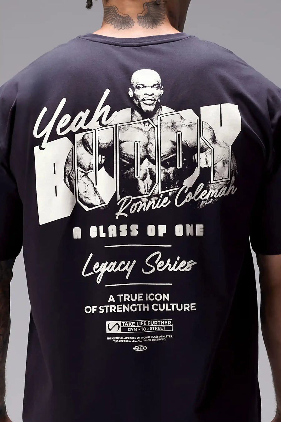 Black Ronnie Coleman “Yeah Buddy” Tee oversized bodybuilding graphic shirt featuring iconic Ronnie Coleman legacy artwork by TLF Apparel – back detail view