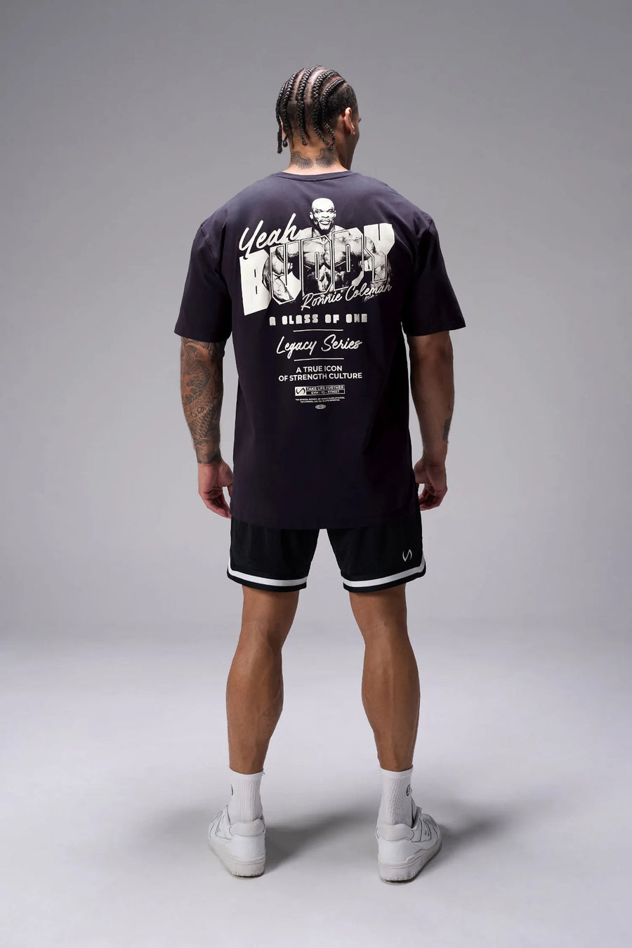 Black Ronnie Coleman “Yeah Buddy” Tee oversized bodybuilding graphic shirt featuring iconic Ronnie Coleman legacy artwork by TLF Apparel – back view