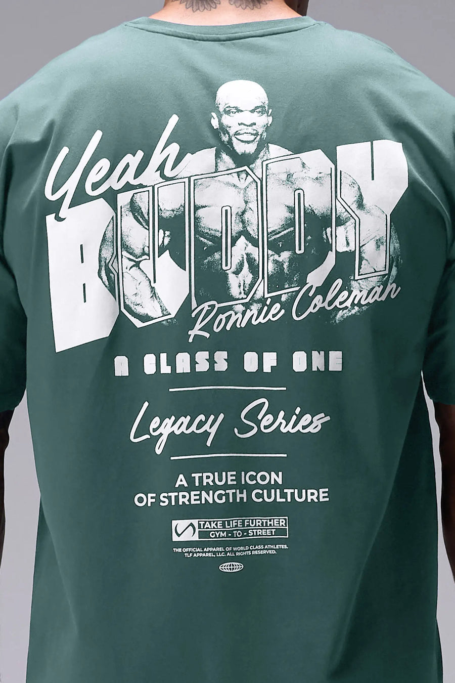 Dark Forest Ronnie Coleman “Yeah Buddy” Tee oversized bodybuilding graphic shirt featuring iconic Ronnie Coleman legacy artwork by TLF Apparel – back detail 
