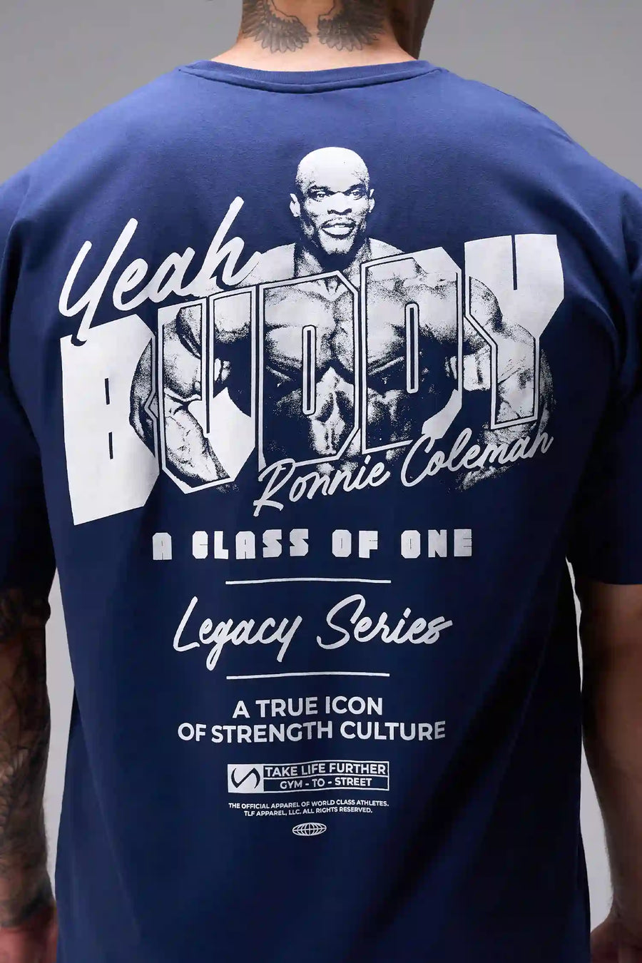 Blue Ronnie Coleman “Yeah Buddy” Tee oversized bodybuilding graphic shirt featuring iconic Ronnie Coleman legacy artwork by TLF Apparel – back detail view