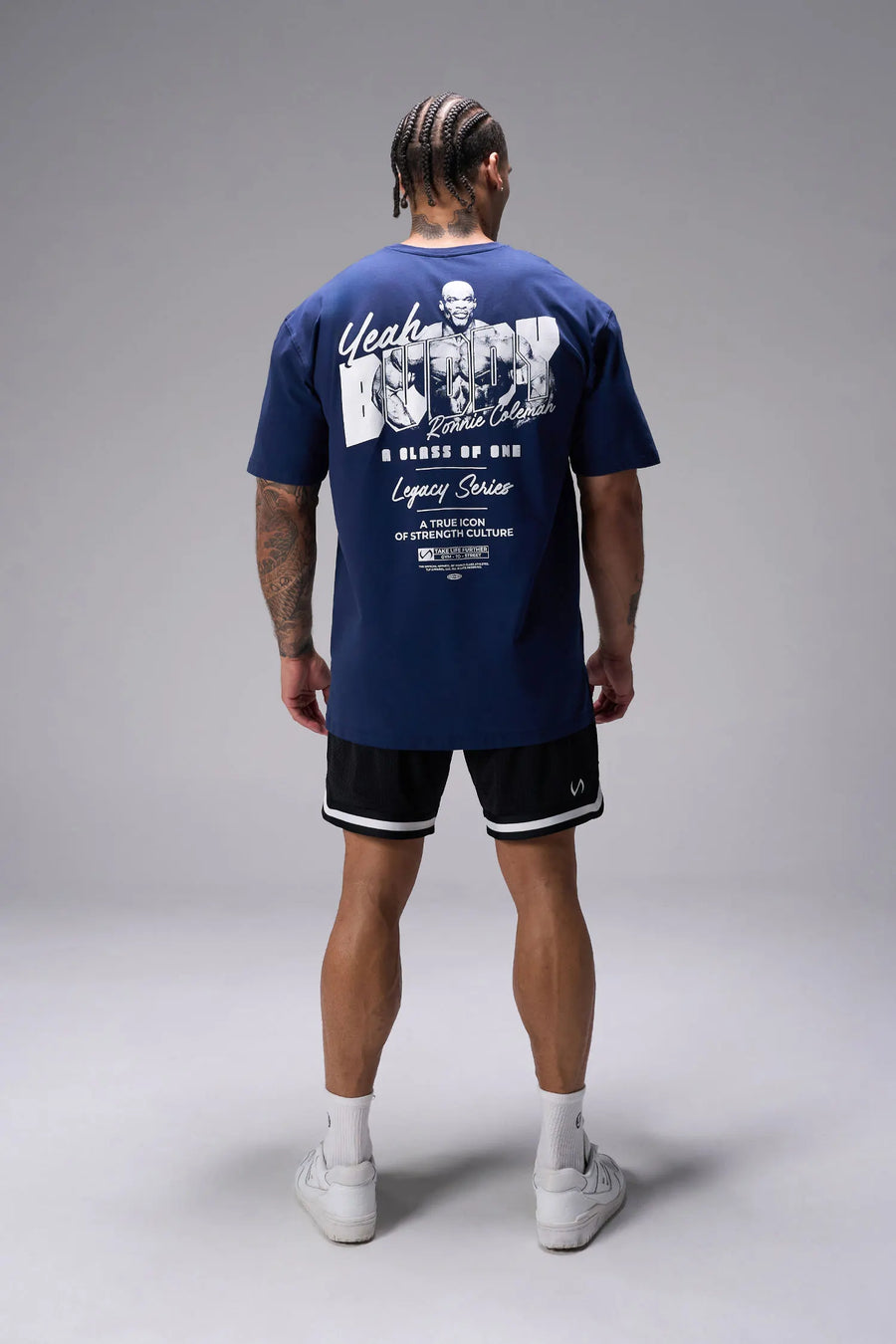 Blue Ronnie Coleman “Yeah Buddy” Tee oversized bodybuilding graphic shirt featuring iconic Ronnie Coleman legacy artwork by TLF Apparel – back view