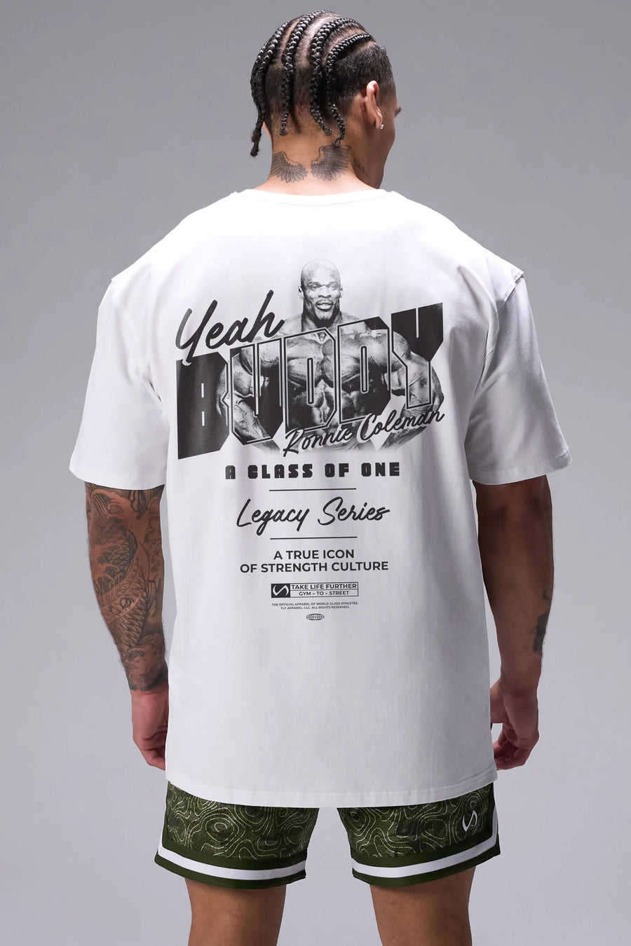 White Ronnie Coleman “Yeah Buddy” Tee oversized graphic workout shirt featuring Cotton Luxe DNA™ fabric and Ronnie Coleman legacy artwork by TLF Apparel – back view