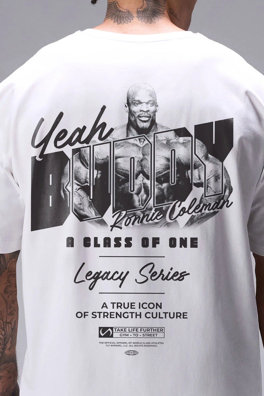 Black Ronnie Coleman “Yeah Buddy” Tee oversized bodybuilding graphic shirt featuring iconic Ronnie Coleman legacy artwork by TLF Apparel – back detail 