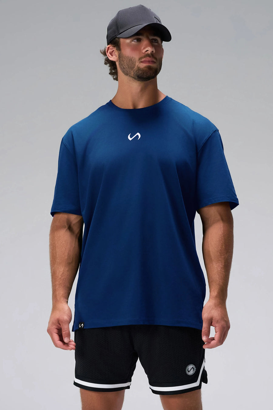 Blue Statement Cotton Luxe Oversized Tee with relaxed oversized comfort fit in soft stretch cotton by TLF Apparel – front view 