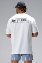 White Statement Cotton Luxe Oversized Tee showing Take Life Further back graphic and oversized fit by TLF Apparel – back view