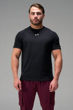 Black Men’s Micro Mesh Tee with a physique-enhancing fit, designed for gym training, HIIT workouts and running by TLF Apparel – front view 