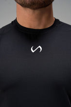 Black Men’s Micro Mesh Tee with a physique-enhancing fit, designed for gym training, HIIT workouts and running by TLF Apparel – front view 