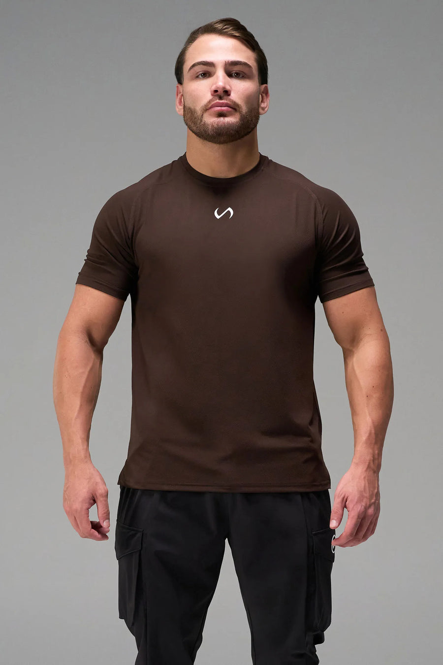Brown Men’s Micro Mesh Tee with a physique-enhancing fit, designed for gym training, HIIT workouts and running by TLF Apparel – front view 