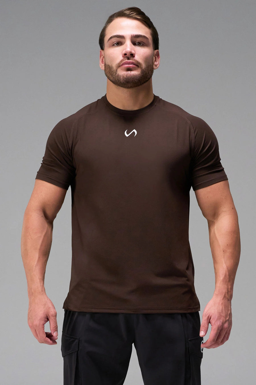 Brown Men’s Micro Mesh Tee with a physique-enhancing fit, designed for gym training, HIIT workouts and running by TLF Apparel – front view 