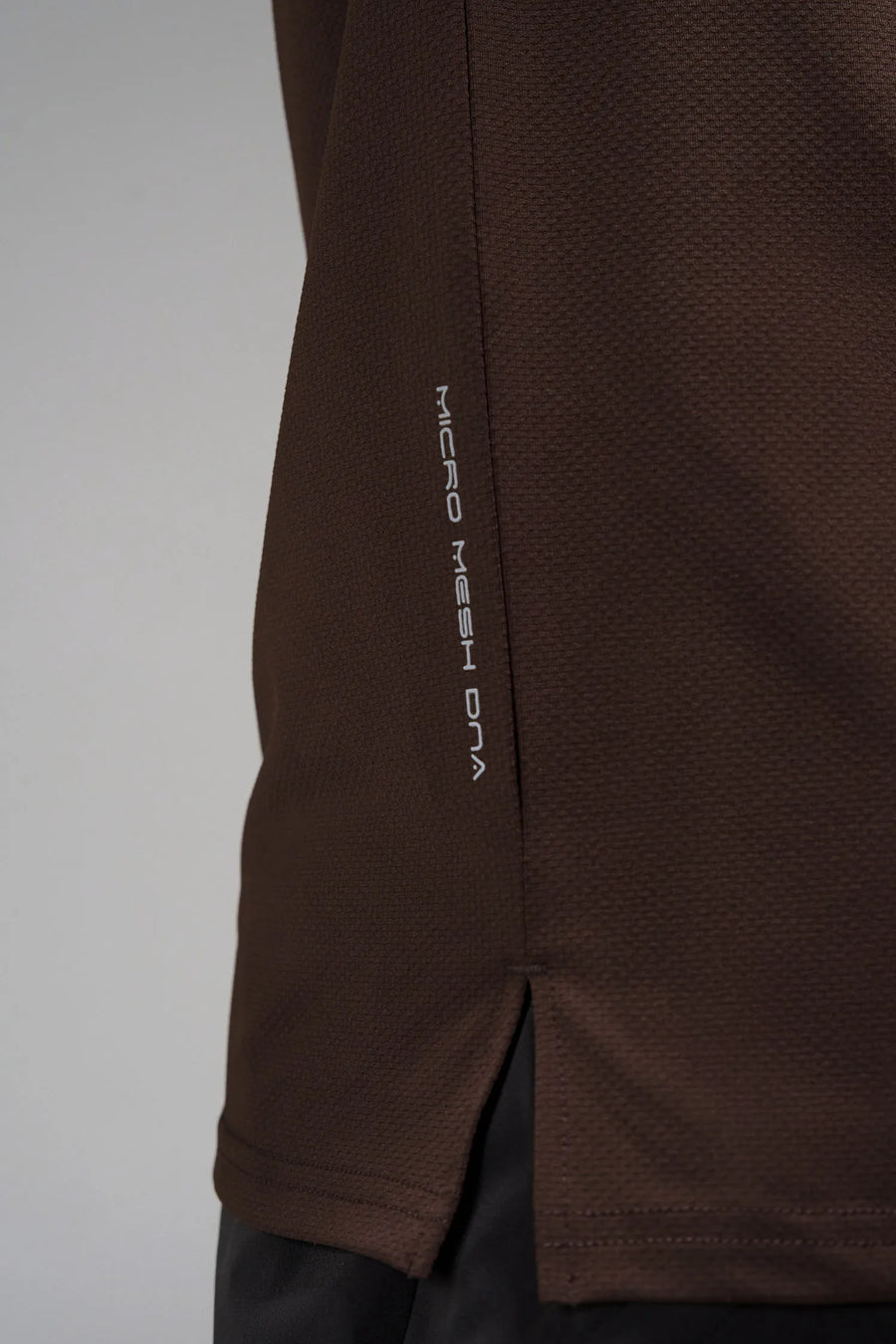 Brown Men’s Micro Mesh Tee with a physique-enhancing fit, designed for gym training, HIIT workouts and running by TLF Apparel – detail side view 