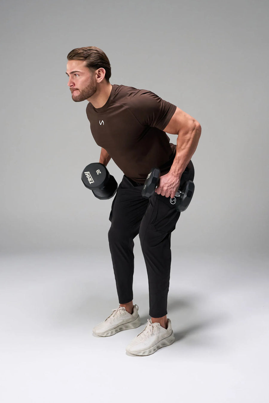 Brown Men’s Micro Mesh Tee with a physique-enhancing fit, designed for gym training, HIIT workouts and running by TLF Apparel – front view 