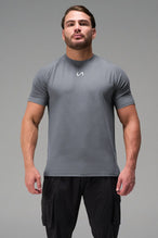 Gray Men’s Micro Mesh Tee with a physique-enhancing fit, designed for gym training, HIIT workouts and running by TLF Apparel – front view 