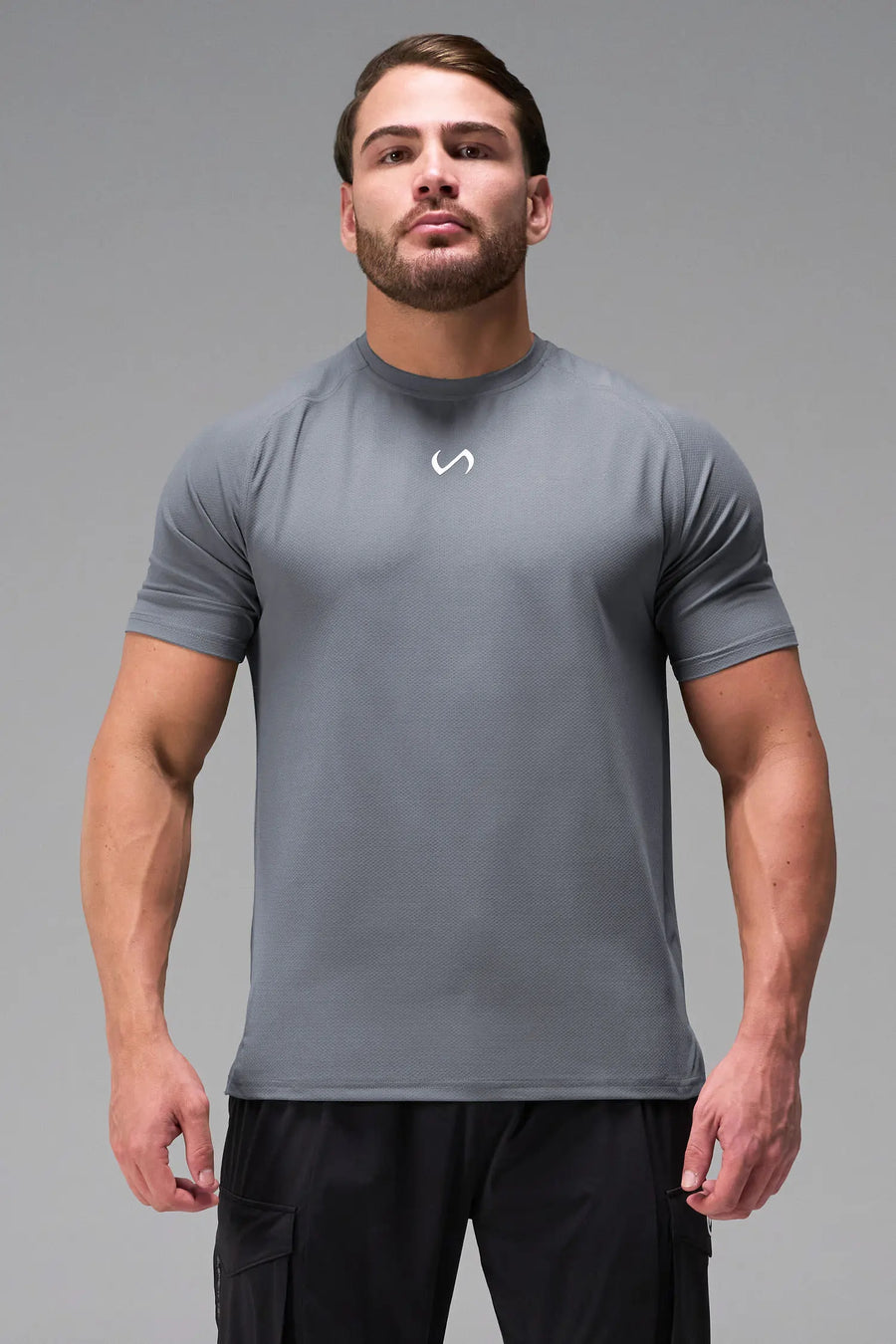 Gray Men’s Micro Mesh Tee with a physique-enhancing fit, designed for gym training, HIIT workouts and running by TLF Apparel – front view 