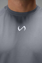 Gray Men’s Micro Mesh Tee with a physique-enhancing fit, designed for gym training, HIIT workouts and running by TLF Apparel – detail view 