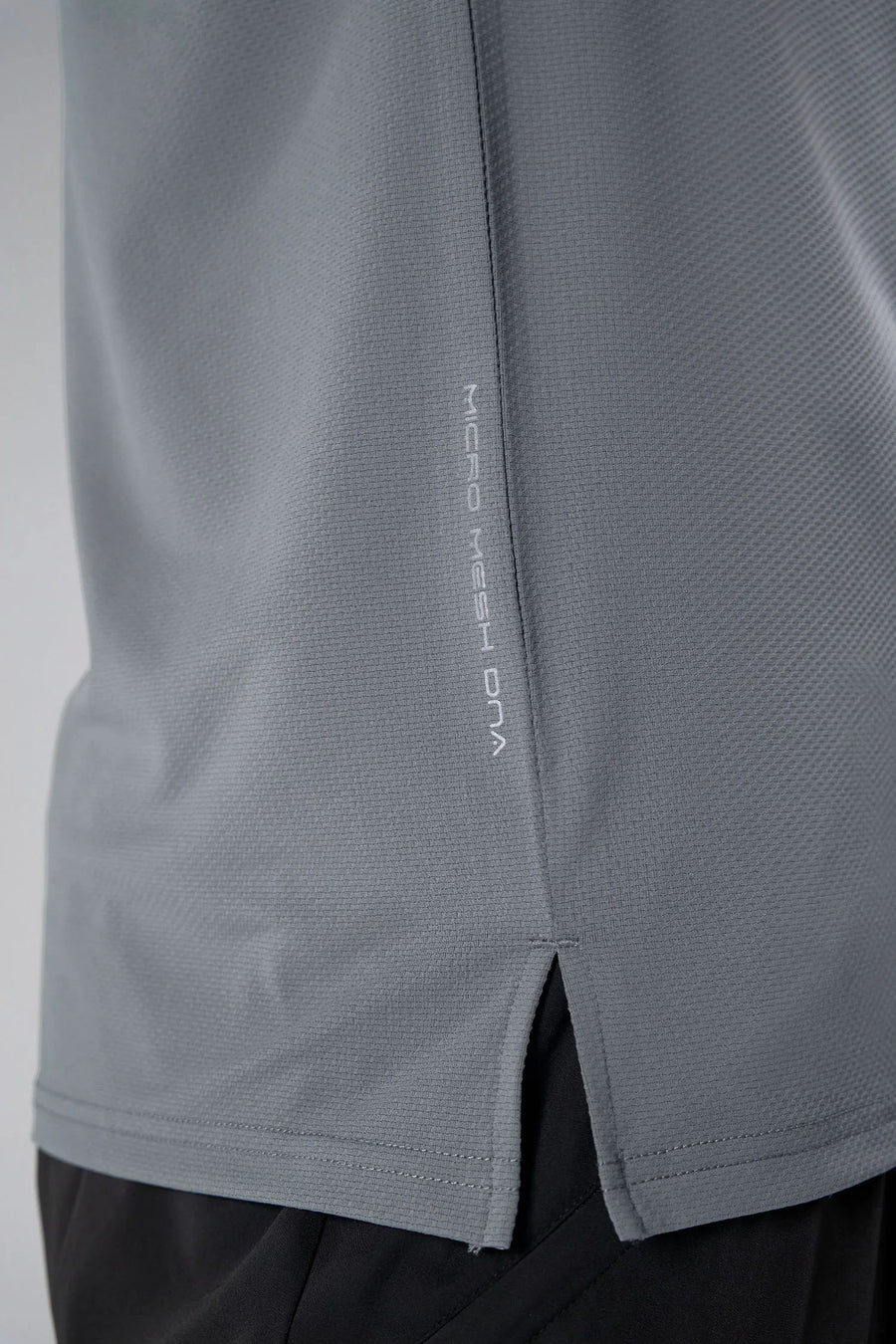 Gray Men’s Micro Mesh Tee with a physique-enhancing fit, designed for gym training, HIIT workouts and running by TLF Apparel – detail side view 