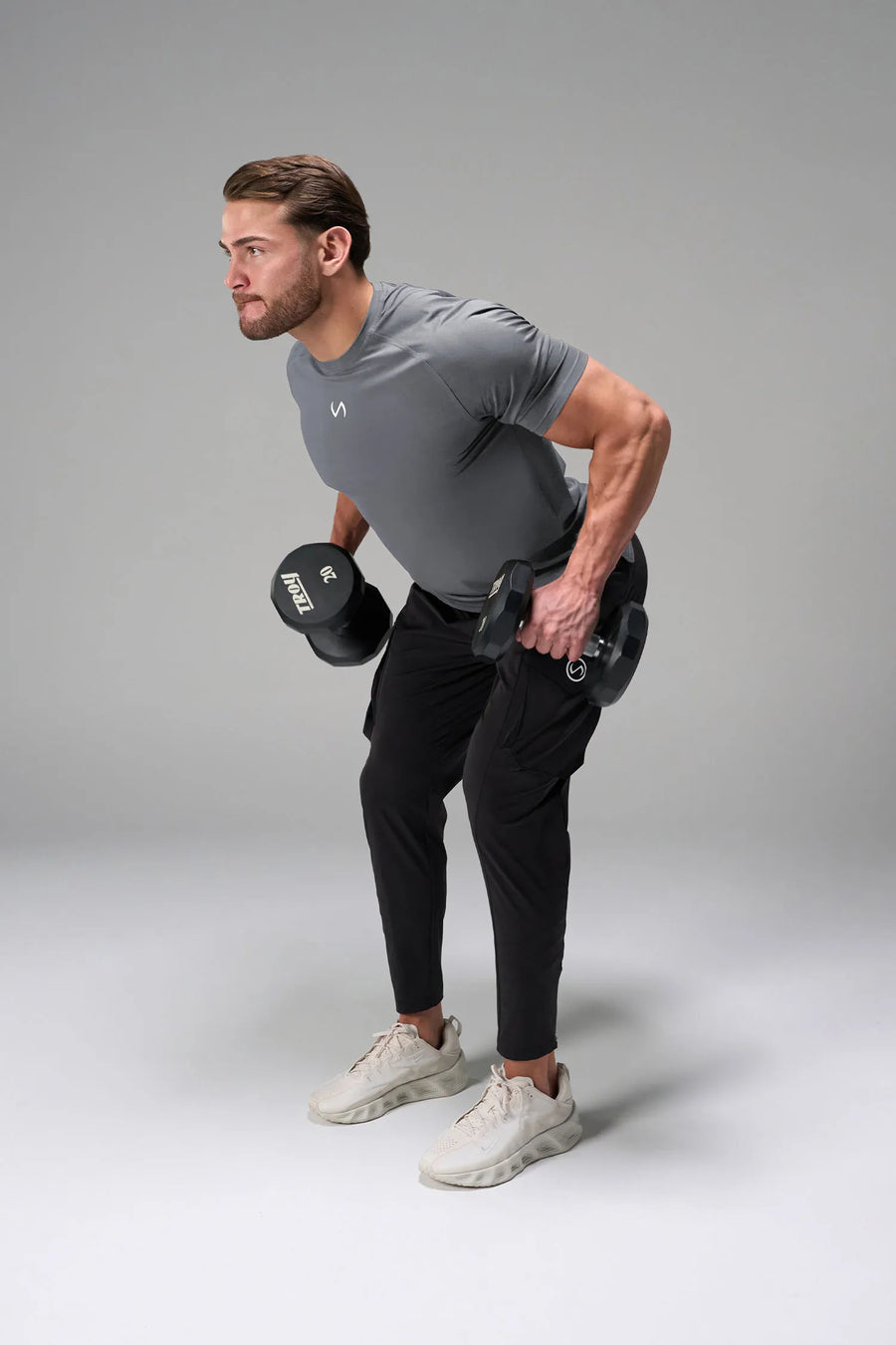 Gray Men’s Micro Mesh Tee with a physique-enhancing fit, designed for gym training, HIIT workouts and running by TLF Apparel – front view 