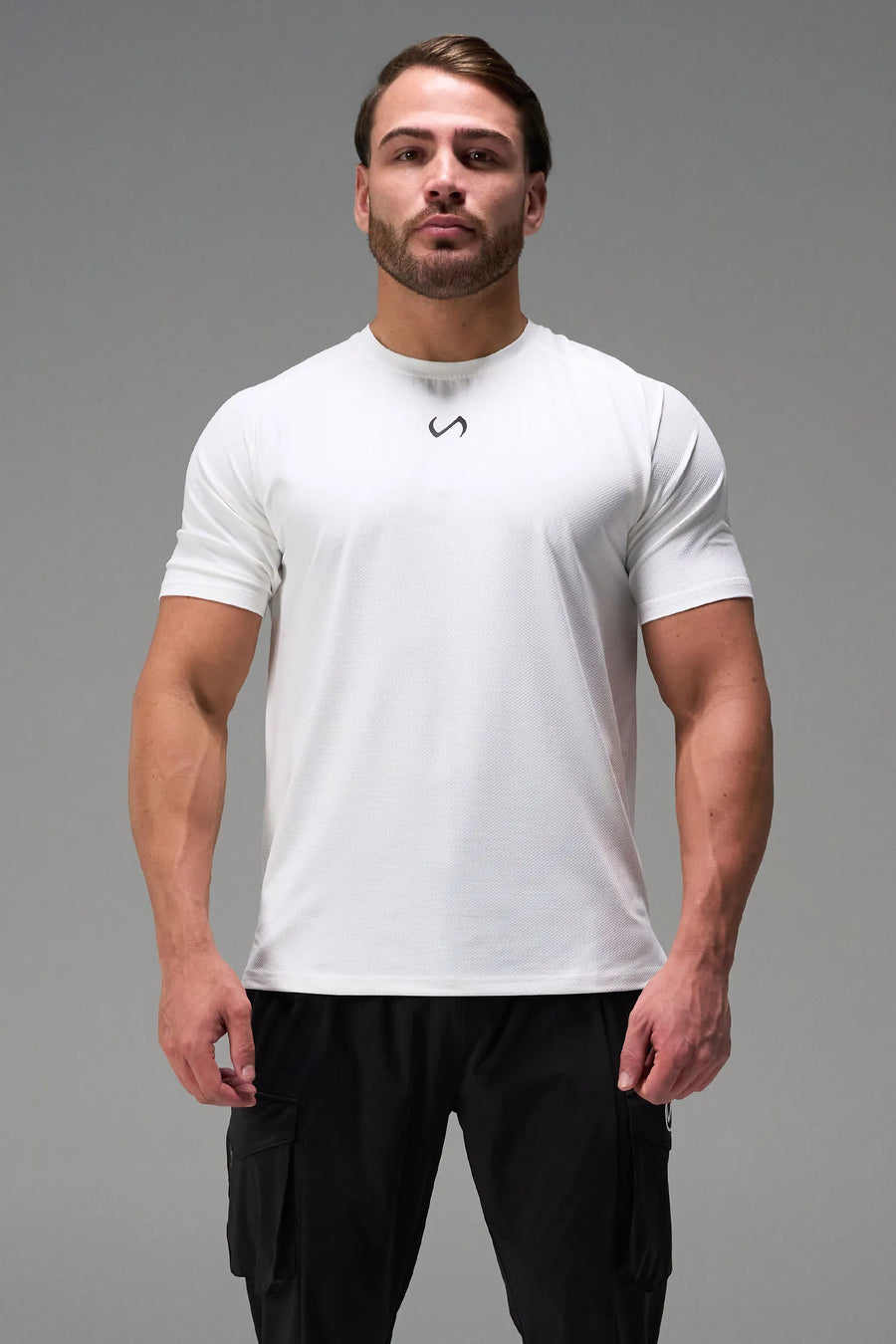 White Men’s Micro Mesh Tee with a physique-enhancing fit, designed for gym training, HIIT workouts and running by TLF Apparel – front view 