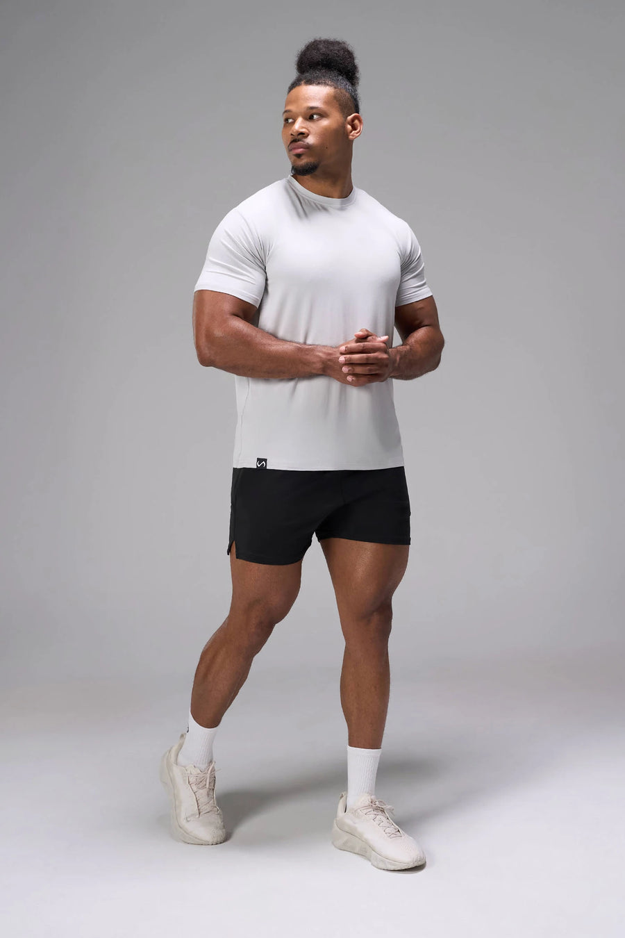 Gray Bamboo Crew Neck Essential Tee showing relaxed side silhouette and breathable bamboo performance fabric by TLF Apparel – side view