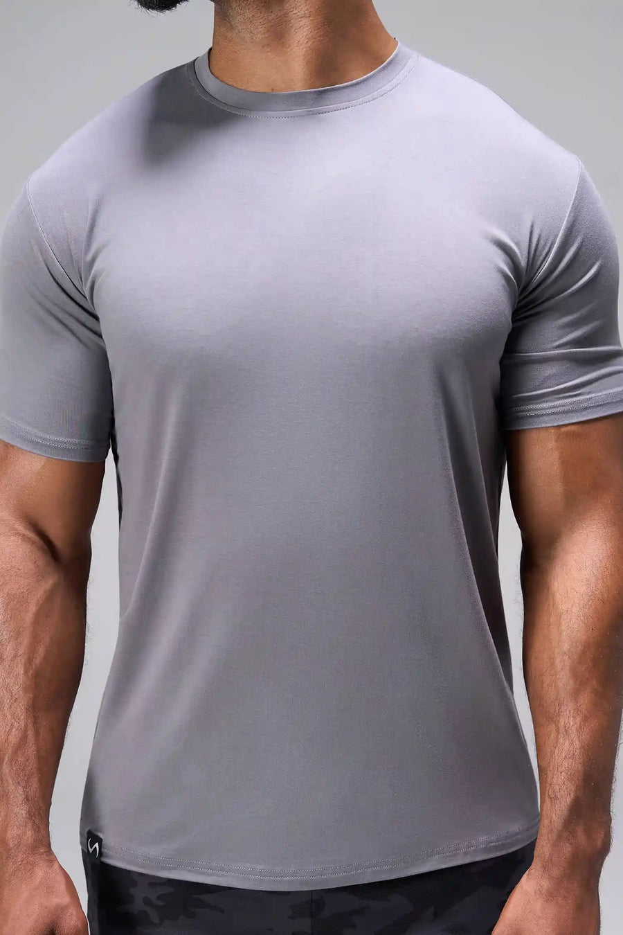 Gray Bamboo Crew Neck Essential Tee showing ultra soft bamboo fabric texture and silicone icon label detail by TLF Apparel – detail view