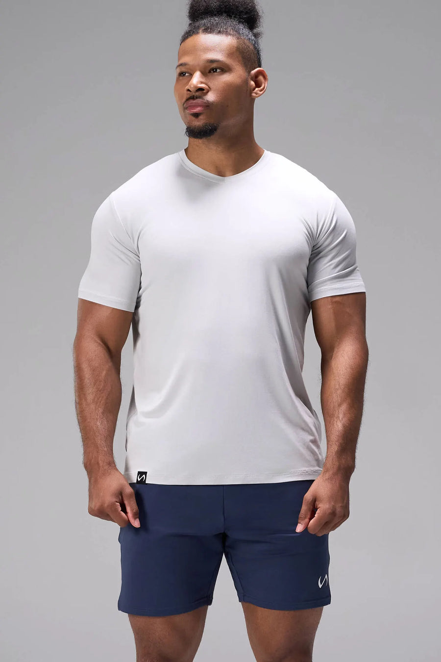 Gray Bamboo V Neck Essential Tee made with breathable Bamboo Tech DNA™ fabric and relaxed performance fit for training and everyday wear by TLF Apparel – front view