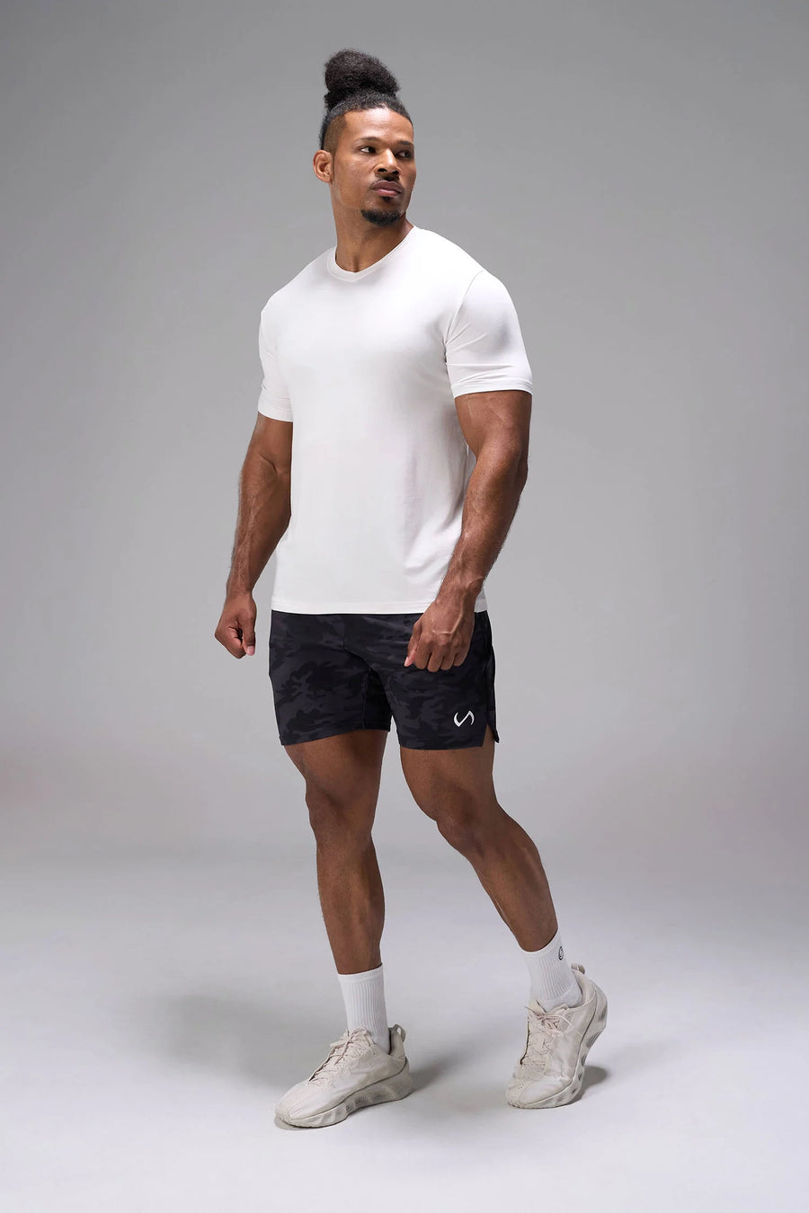White Bamboo V Neck Essential Tee made with breathable Bamboo Tech DNA™ fabric and relaxed performance fit for training and everyday wear by TLF Apparel – front view