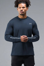 Front View of Blue TLF Infi-Dry Long Sleeve, crafted with our custom swole fit and utilizing our infi-dry fabric technology
