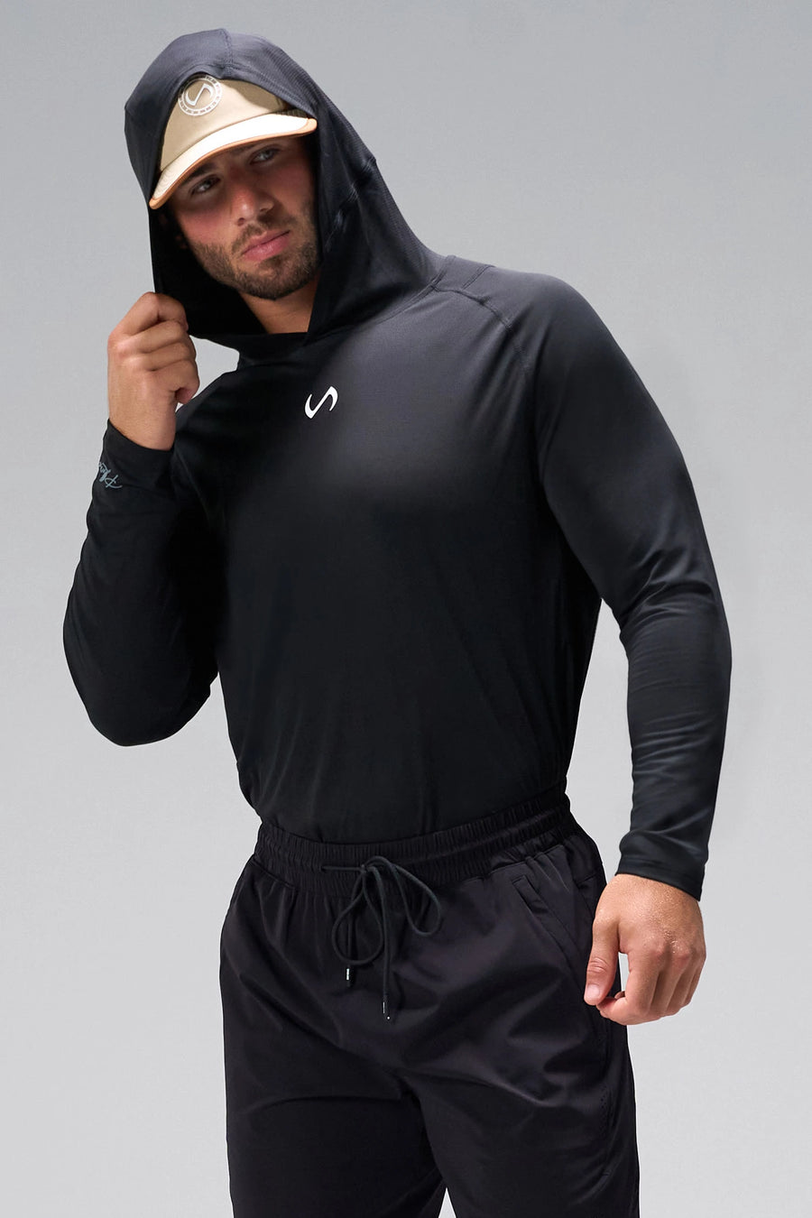 Black Pluma UPF Sun Hoodie with Pluma Tech DNA fabric and UPF 30 sun protection for training by TLF Apparel – front view