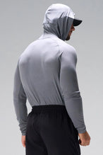Gray Pluma UPF Sun Hoodie showing 5-panel hood and back hem logo on breathable fabric by TLF Apparel – back view