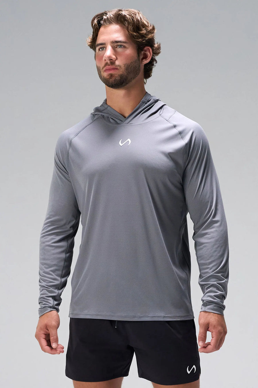 Gray Pluma UPF Sun Hoodie showing raglan sleeves, side panels, and athletic fit by TLF Apparel – front view