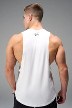 White Further Air-Flex Drop Arm Tank with breathable 4-way stretch fabric and athletic fit for workouts and daily wear by TLF Apparel – back view