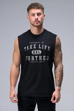 Black Stone Wash Property Of Dura Cotton Muscle Tank featuring distressed Take Life Further chest graphic and heavyweight cotton by TLF Apparel – front view