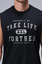 Black Stone Wash Property Of Dura Cotton Muscle Tank featuring distressed Property Of Take Life Further graphic and premium heavyweight cotton by TLF Apparel – detail view
