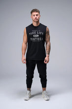 Black Stone Wash Property Of Dura Cotton Muscle Tank with distressed chest graphic, boxy fit and raw edge armholes by TLF Apparel – front view
