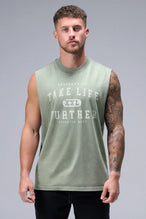 Sage Green Stone Wash Property Of Dura Cotton Muscle Tank featuring distressed Take Life Further chest graphic and heavyweight cotton by TLF Apparel – front view