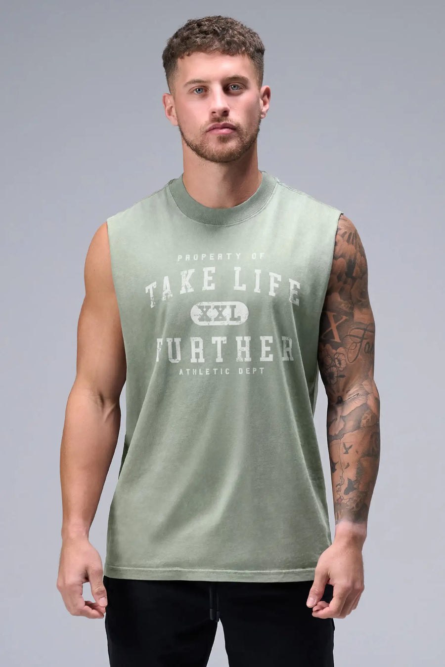 Sage Green Stone Wash Property Of Dura Cotton Muscle Tank featuring distressed Take Life Further chest graphic and heavyweight cotton by TLF Apparel – front view