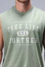 Sage Green Stone Wash Property Of Dura Cotton Muscle Tank featuring distressed Property Of Take Life Further graphic and premium heavyweight cotton by TLF Apparel – detail view